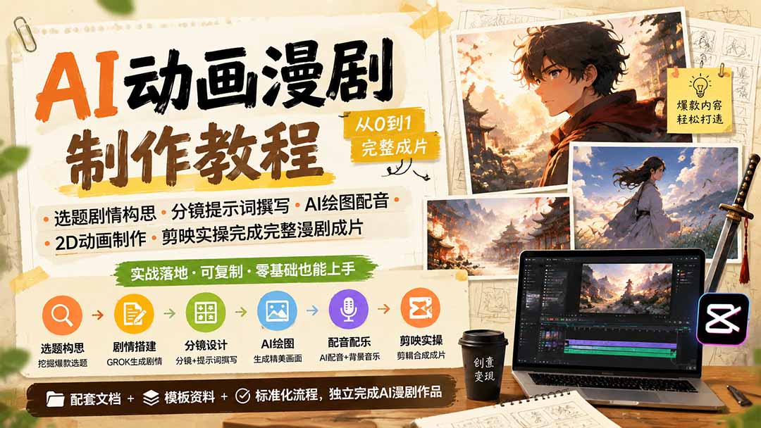 AI动画漫剧制作教程|选题剧情构思·分镜提示词撰写·AI绘图配音·2D动画制作·剪映实操完成完整漫剧成片-来聚吧