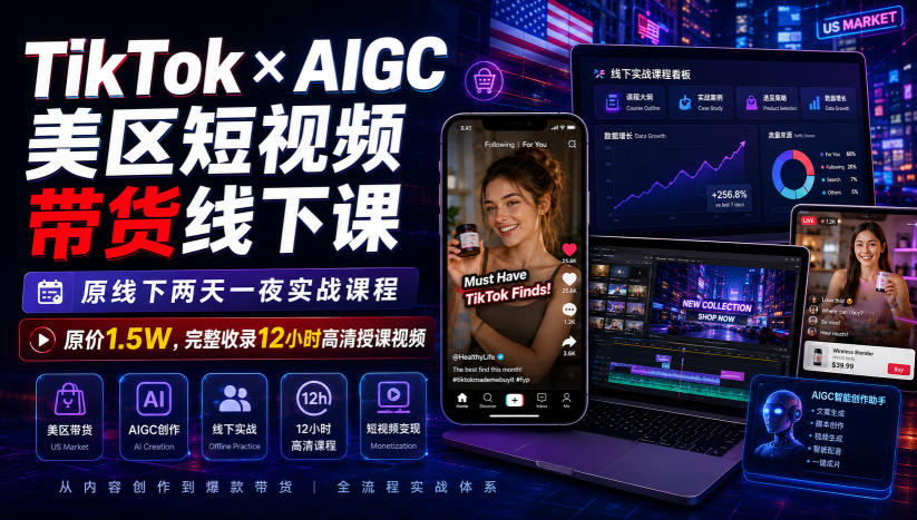 TikTok×AIGC美区短视频带货线下课,原线下两天一夜实战课程,原价1.5W,完整收录12小时高清授课视频-来聚吧