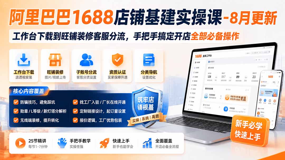 阿里巴巴1688店铺基建实操课-8月更新；工作台下载到旺铺装修客服分流，手把手搞定开店全部必备操作-来聚吧