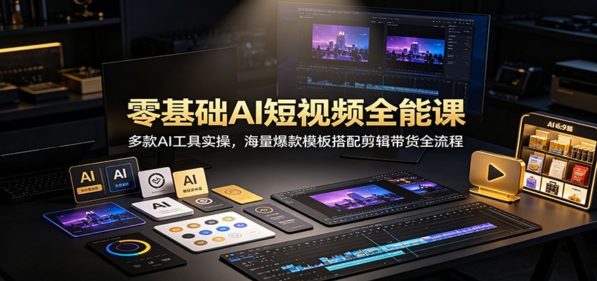 零基础AI短视频全能课：多款AI工具实操，海量爆款模板搭配剪辑带货全流程-来聚吧