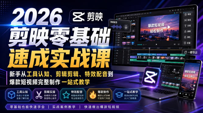 2026剪映零基础速成实战课｜新手从工具认知、剪辑剪辑、特效配音到爆款短视频完整制作一站式教学-来聚吧
