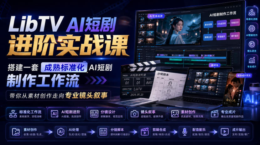 LibTV AI短剧进阶实战课,搭建一套成熟标准化AI短剧制作工作流,带你从素材创作走向专业镜头叙事-来聚吧