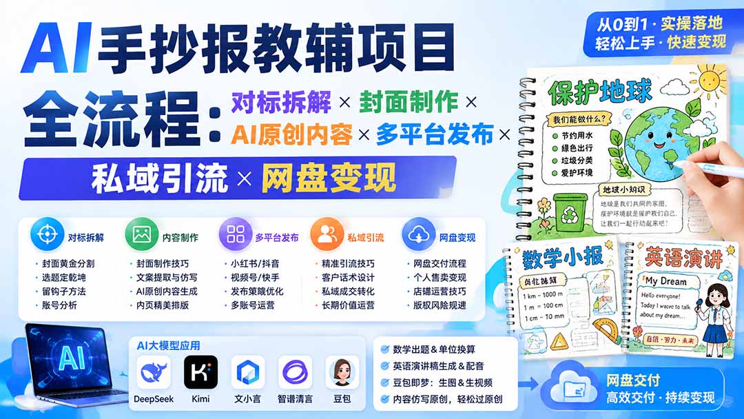 AI手抄报教辅项目全流程:对标拆解×封面制作×AI原创内容×多平台发布×私域引流×网盘变现-来聚吧
