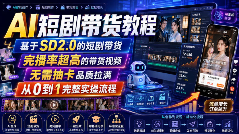 AI短剧带货教程,基于SD2.0的短剧带货,完播率超高的带货视频,无需抽卡品质拉满,从0到1完整实操流程-来聚吧