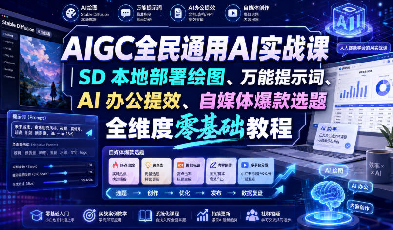 AIGC全民通用AI实战课|SD本地部署绘图、万能提示词、AI办公提效、自媒体爆款选题全维度零基础教程-来聚吧