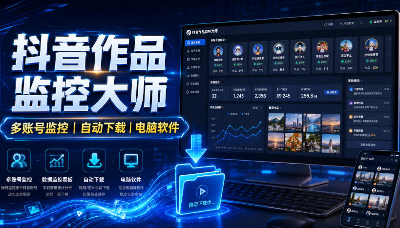 抖音作品监控大师,多账号监控丨自动下载丨电脑软件-来聚吧