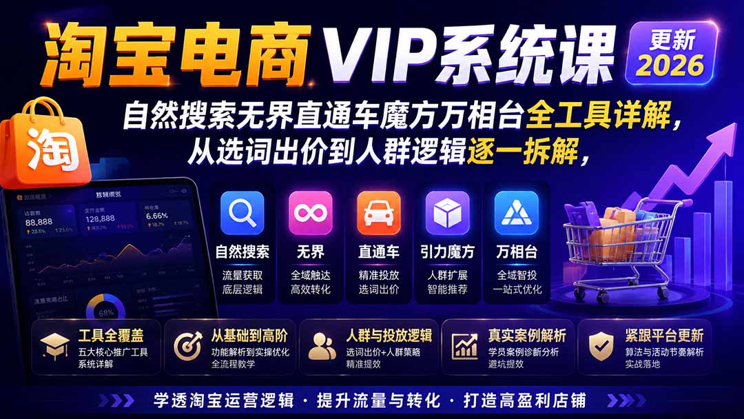 淘宝电商VIP系统课-更新8月;自然搜索无界直通车魔方万相台全工具详解,从选词出价到人群逻辑逐一拆解-来聚吧