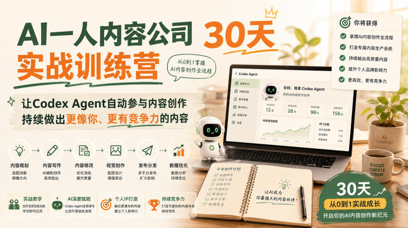 AI一人内容公司30天实战训练营,让Codex Agent自动参与内容创作持续做出更像你、更有竞争力的内容-来聚吧