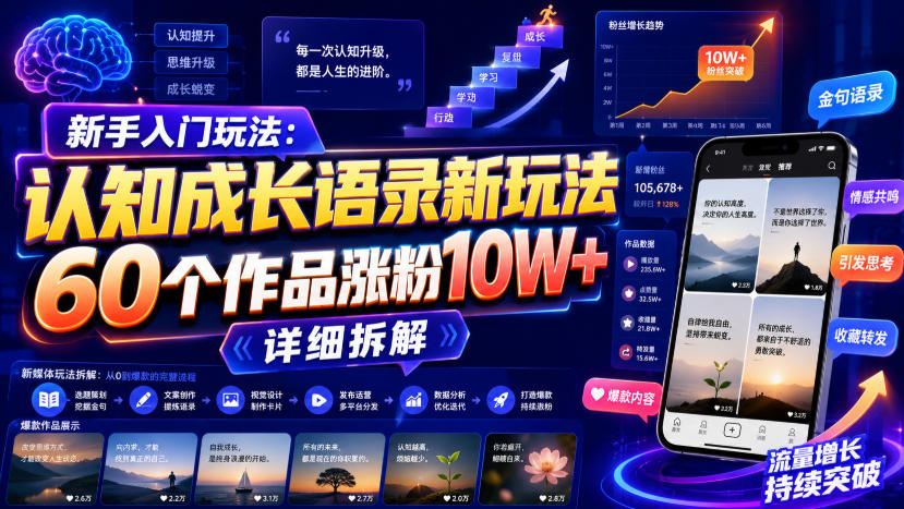 新手入门玩法：认知成长语录新玩法，60个作品涨粉10W+，详细拆解-来聚吧