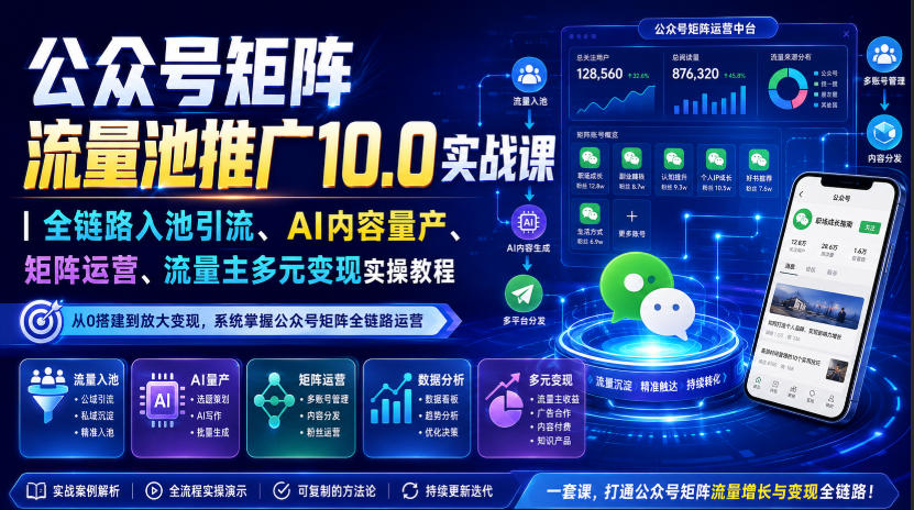 公众号矩阵流量池推广10.0实战课|全链路入池引流、AI内容量产、矩阵运营、流量主多元变现实操教程-来聚吧