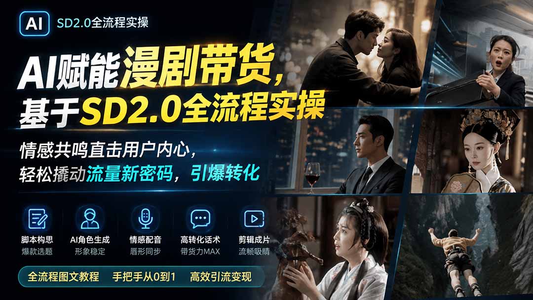 AI赋能漫剧带货,基于SD2.0全流程实操;情感共鸣直击用户内心,轻松撬动流量新密码,引爆转化-来聚吧