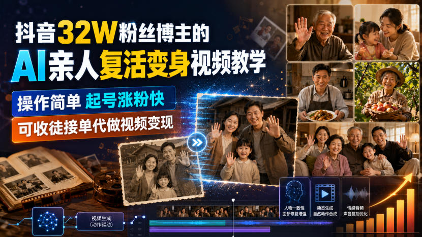 抖音32W粉丝博主的AI亲人复活变身视频教学,操作简单,起号涨粉快,可收徒接单代做视频变现-来聚吧