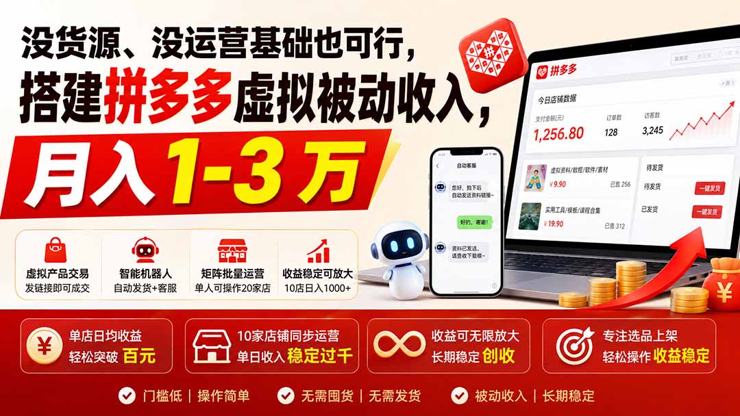 没货源、没运营基础也可行,搭建多多虚拟被动收入,月入 1-3 万-来聚吧