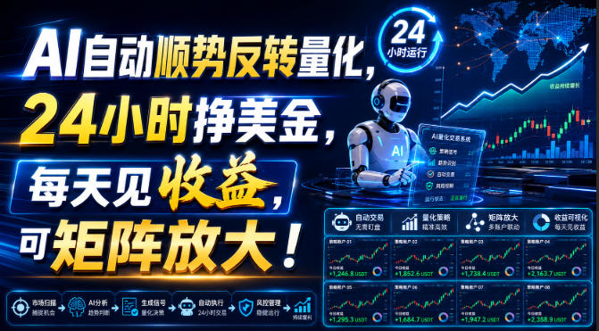 AI自动顺势反转量化,24小时挣美金,每天见收益,可矩阵放大!【揭秘】-来聚吧