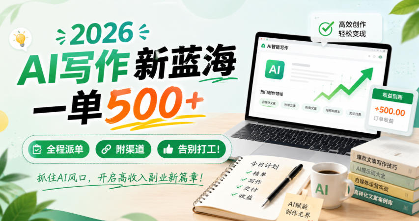 2026 AI写作新蓝海,一单500+,全程派单,附渠道,告别打工!【揭秘】-来聚吧
