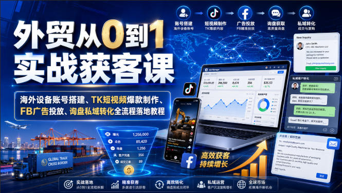 外贸从0到1实战获客课|海外设备账号搭建、TK短视频爆款制作、FB广告投放、询盘私域转化全流程落地教程-来聚吧