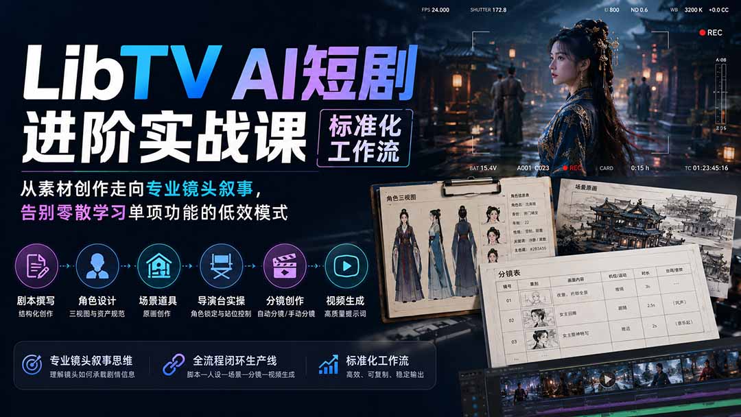 LibTV AI短剧进阶实操课标准化工作流；从素材创作走向专业镜头叙事，告别零散学习单项功能的低效模式-来聚吧