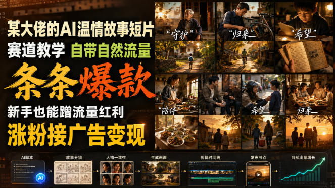 某大佬的AI温情故事短片赛道教学,自带自然流量,条条爆款,新手也能蹭流量红利,涨粉接广告变现-来聚吧