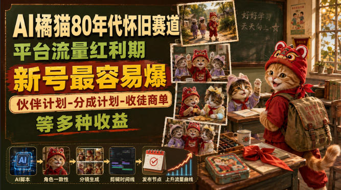 AI橘猫80年代怀旧赛道，平台流量红利期，新号最容易爆，伙伴计划-分成计划-收徒商单等多种收益-来聚吧