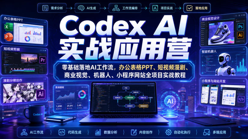 Codex AI实战应用营|零基础落地AI工作流,办公表格PPT、短视频漫剧、商业视觉、机器人、小程序网站全项目实战教程-来聚吧