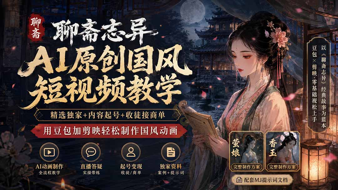 聊斋志异AI原创国风短视频教学;精选独家+内容起号+收徒接商单,用豆包加剪映轻松制作国风动画-来聚吧
