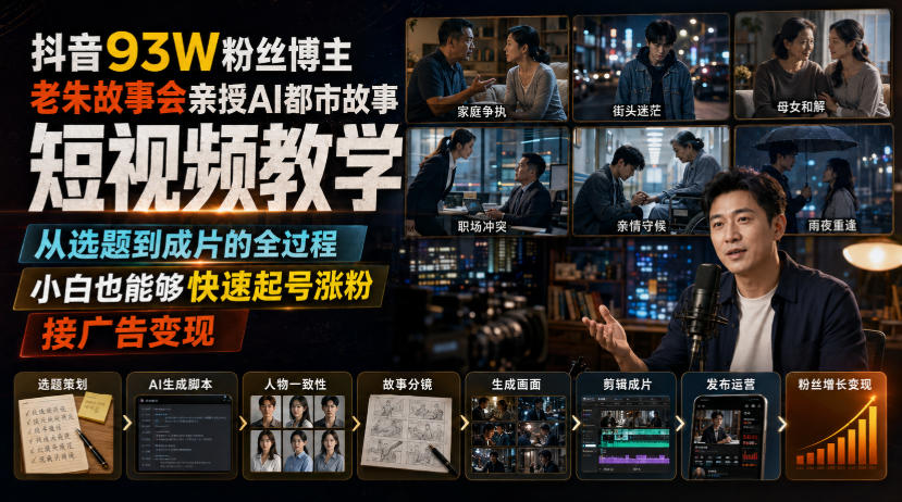 抖音93W粉丝博主老朱故事会亲授AI都市故事短视频教学,从选题到成片的全过程,小白也能够快速起号涨粉接广告变现-来聚吧