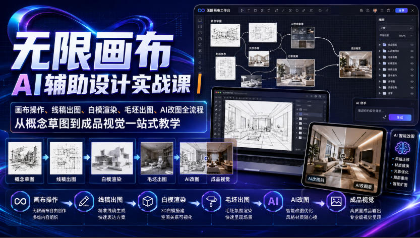 无限画布AI辅助设计实战课｜画布操作、线稿出图、白模渲染、毛坯出图、AI改图全流程，从概念草图到成品视觉一站式教学-来聚吧