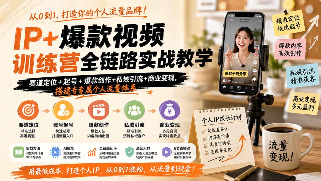 IP+爆款视频训练营全链路实战教学;赛道定位+起号+爆款创作+私域引流+商业变现,搭建专属个人流量体系-来聚吧