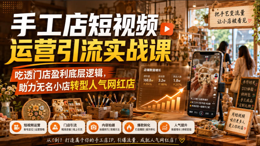 手工店短视频运营引流实战课，吃透门店盈利底层逻辑，助力无名小店转型人气网红店-来聚吧