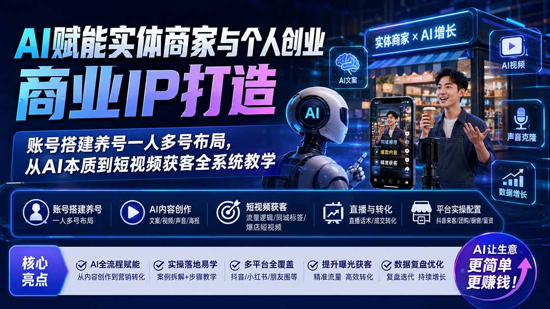 AI赋能实体商家与个人创业商业IP打造;账号搭建养号一人多号布局,从AI本质到短视频获客全系统教学-来聚吧