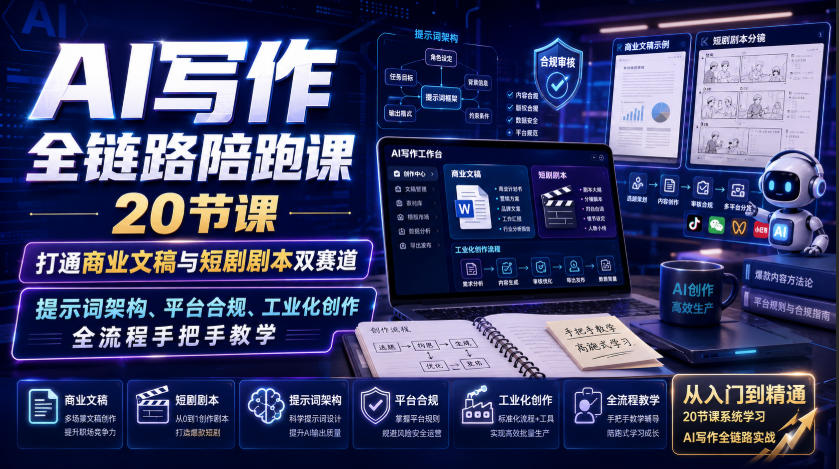 AI写作全链路陪跑课｜20节课打通商业文稿与短剧剧本双赛道，提示词架构、平台合规、工业化创作全流程手把手教学-来聚吧
