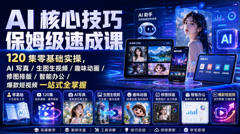 AI核心技巧保姆级速成课|120集零基础实操,AI写真/生图生视频/趣味动画/修图排版/智能办公/爆款短视频一站式全掌握-来聚吧