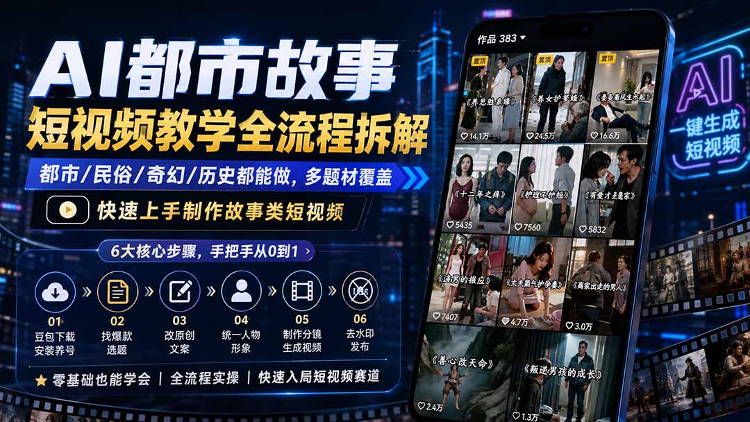 AI都市故事短视频教学全流程拆解；都市/民俗/奇幻/历史都能做多题材覆盖，快速上手制作故事类短视频-来聚吧