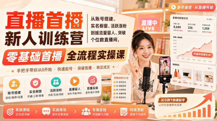 直播首播新人训练营｜从账号搭建、实名橱窗、活跃涨粉到接流量留人、突破个位数直播间，零基础首播全流程实操课-来聚吧