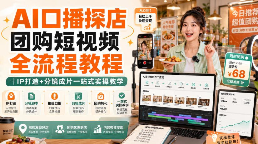 AI口播探店团购短视频全流程教程｜IP打造+分镜成片一站式实操教学-来聚吧