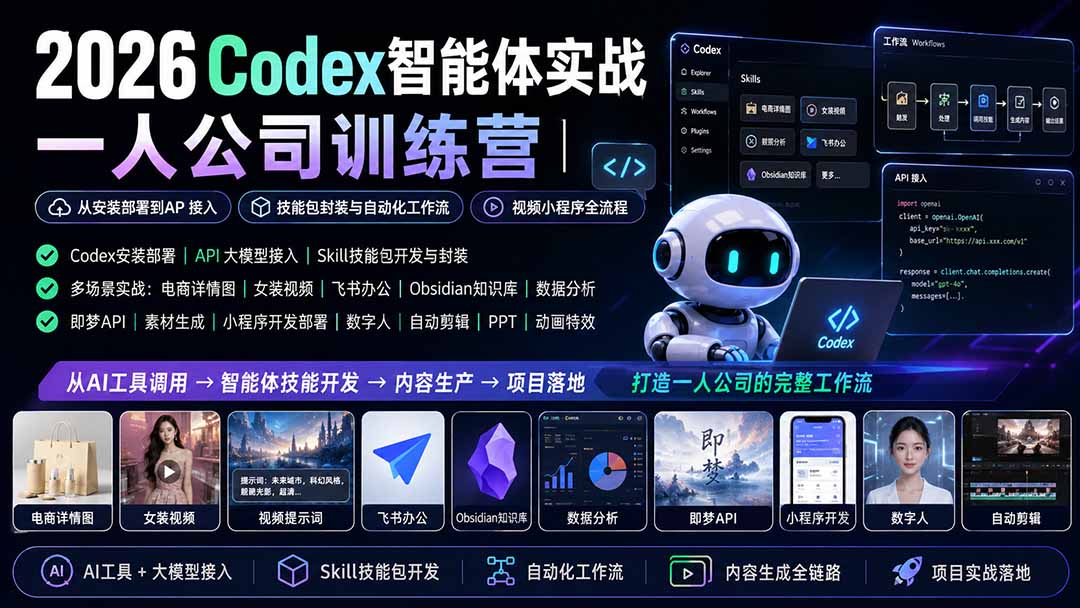 2026Codex智能体实战｜一人公司训练营｜从安装部署到API接入｜技能包封装与自动化工作流｜视频小程序全流程-来聚吧