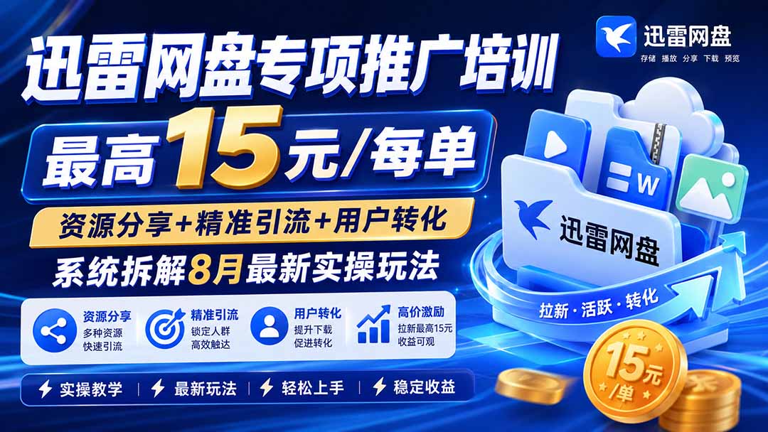 迅雷网盘专项推广培训-更新8月——最高15元/每单，资源分享+精准引流+用户转化，系统拆解最新实操玩法-来聚吧