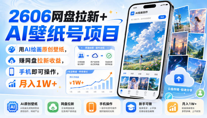 2606网盘拉新+AI壁纸号项目,用AI绘画原创壁纸,賺网盘拉新收益,手机即可操作,月入1W+-来聚吧