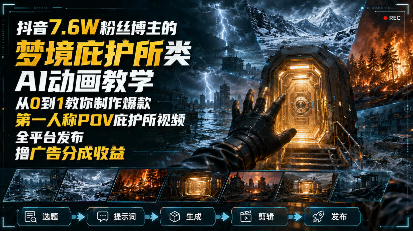 抖音7.6W粉丝博主的梦境庇护所类AI动画教学,从0到1教你制作爆款第一人称POV庇护所视频,全平台发布撸广告分成收益-来聚吧