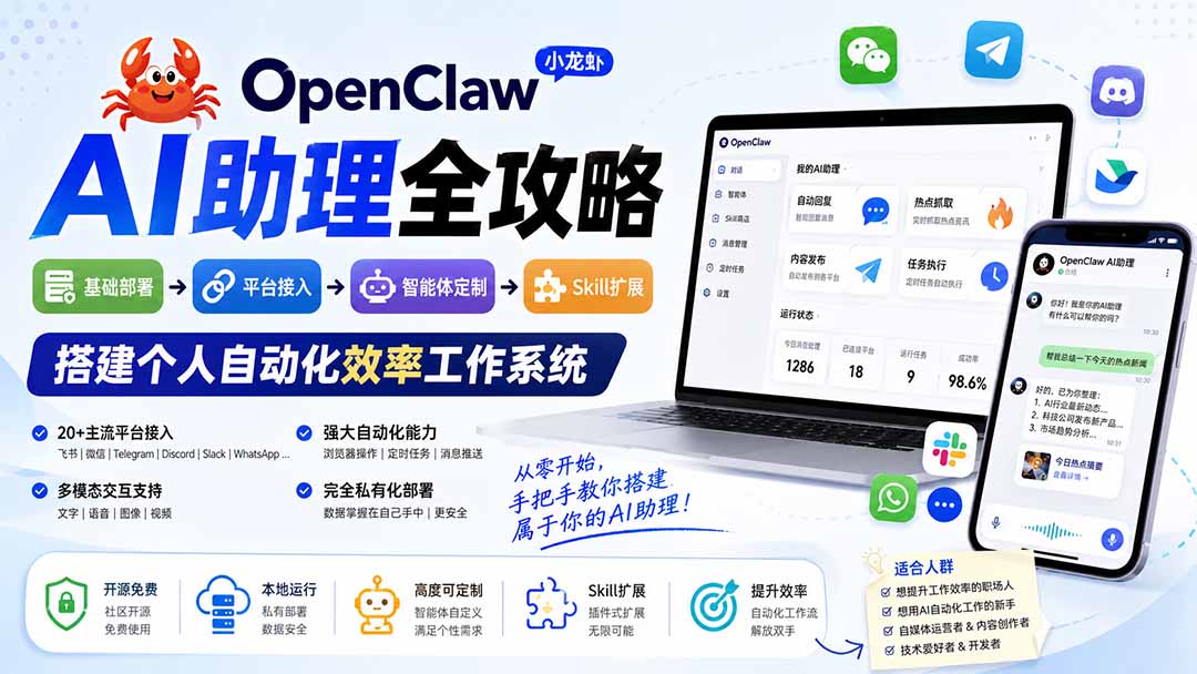 OpenClaw小龙虾 AI助理全攻略：基础部署→平台接入→智能体定制→Skill扩展，搭建个人自动化效率工作系统-来聚吧