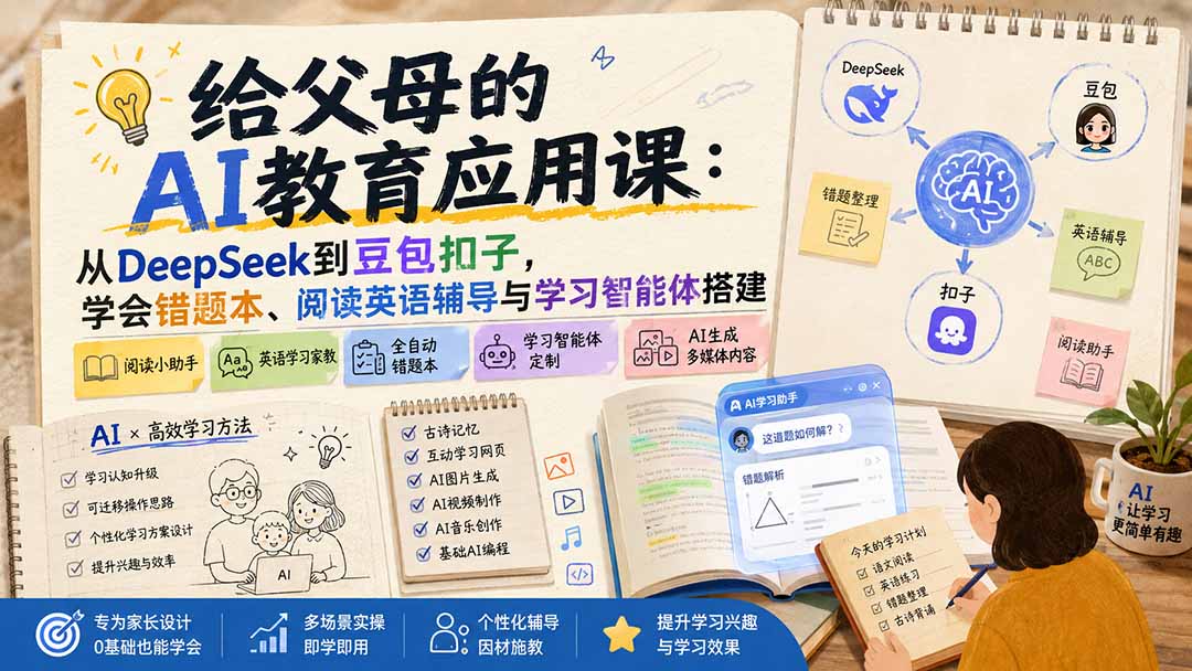 给父母的AI教育应用课：从DeepSeek到豆包扣子，学会错题本、阅读英语辅导与学习智能体搭建-来聚吧