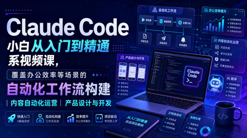 Claude Code小白从入门到精通系视频课，覆盖办公效率等场景的自动化工作流构建|内容自动化运营|产品设计与开发-来聚吧