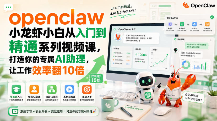 openclaw小龙虾小白从入门到精通系列视频课，打造你的专属AI助理，让工作效率翻10倍-来聚吧