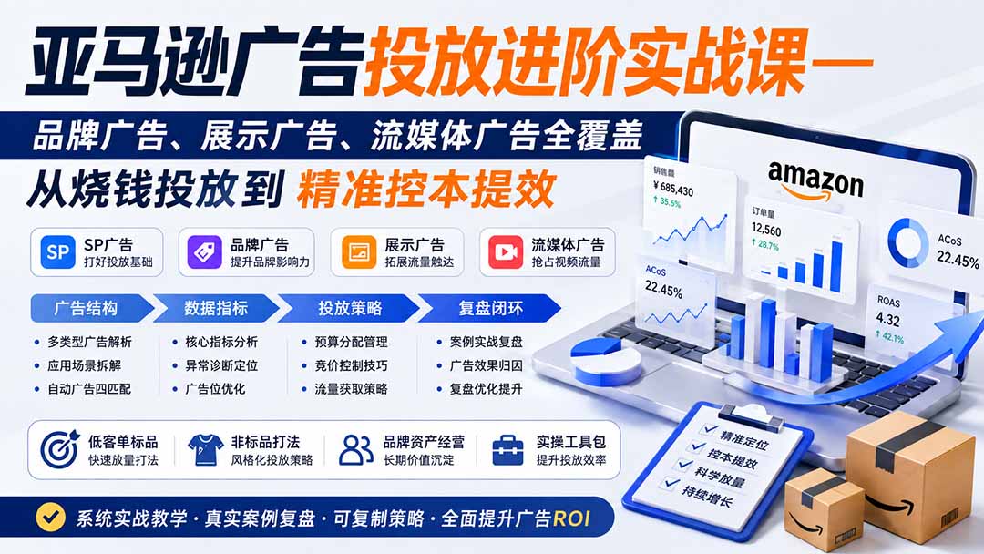 亚马逊广告投放进阶实战课——品牌广告、展示广告、流媒体广告全覆盖,从烧钱投放到精准控本提效-来聚吧