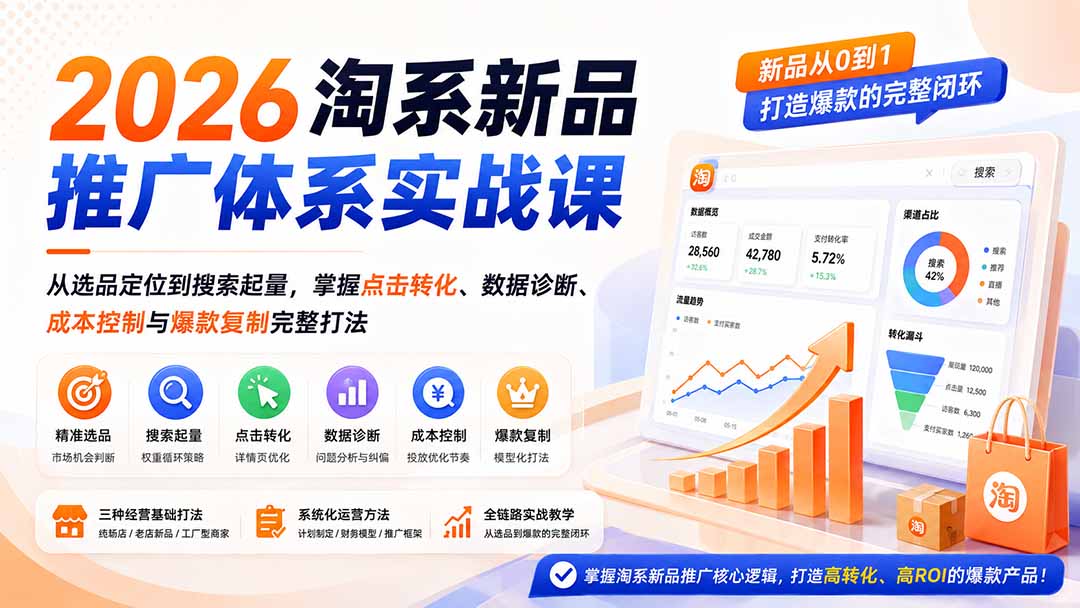 2026淘系新品推广体系实战课：从选品定位到搜索起量，掌握点击转化、数据诊断、成本控制与爆款复制完整打法-来聚吧