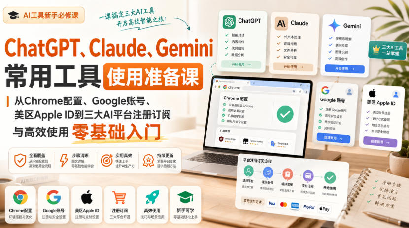 ChatGPT、Claude、Gemini常用工具使用准备课|从Chrome配置、Google账号、美区Apple ID到三大AI平台注册订阅与高效使用零基础入门-来聚吧