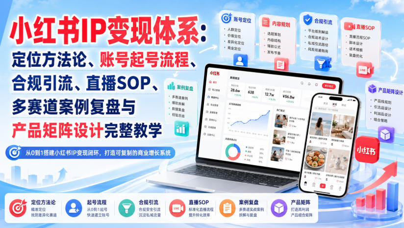 小红书IP变现体系：定位方法论、账号起号流程、合规引流、直播SOP、多赛道案例复盘与产品矩阵设计完整教学-来聚吧