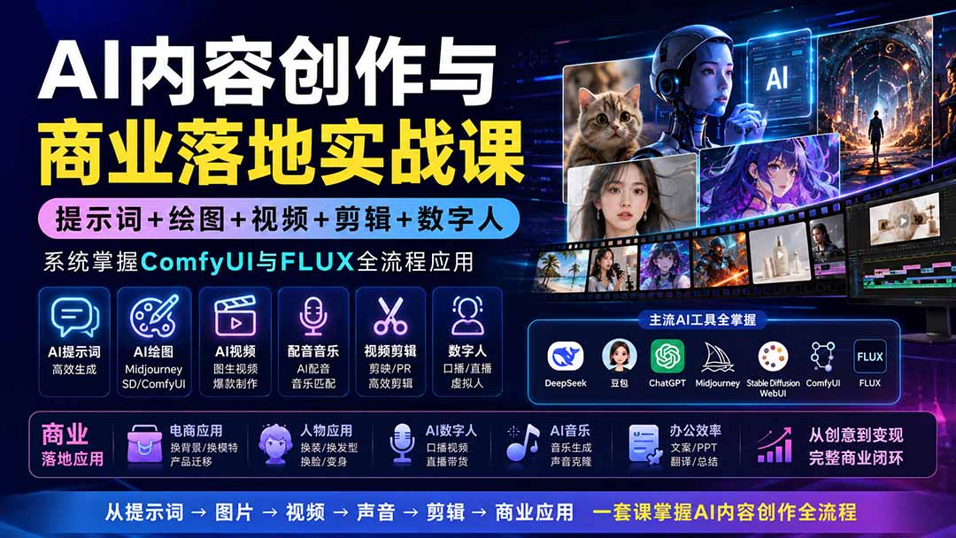 AI内容创作与商业落地实战课:提示词+绘图+视频+剪辑+数字人,系统掌握ComfyUI与FLUX全流程应用-来聚吧