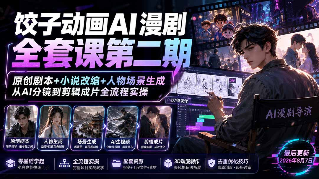 饺子动画AI漫剧全套课第二期:原创剧本+小说改编+人物场景生成,从AI分镜到剪辑成片全流程实操-来聚吧
