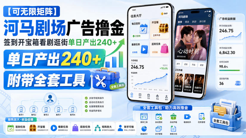 【可无限矩阵】河马剧场广告撸金，签到开宝箱看剧逛街单日产出240+，附带全套工具【揭秘】-来聚吧